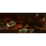 Northern Italian school, 17th century."Still life of a kitchen and figure".Oil on canvas.Size: 72,