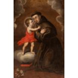 17th century Spanish school."Saint Anthony of Padua with Child".Oil on canvas. Relined.Measurements: