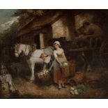 GEORGE MORLAND (England, 1763-1804)"Stable".Oil on canvas, re-coloured.Signed in the lower right