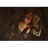 Italian school; 17th century."Lady lighting a candle".Oil on canvas. Re-coloured.It has faults and