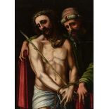 Spanish school; circa 1546."Eco homo".Oil on panel.Size: 98 x 70 cm, 119 x 92 cm (frame).The