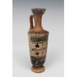 Attic Lekhytos; Greece, 5th century BC.Ceramic with black figures.The fracture lines on the handle
