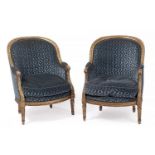 Pair of armchairs, Louis XV style and period.Armchairs in gilt walnut and upholstered in blue velvet