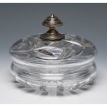 Bohemian Bombonera, 19th century.Wheel-cut clear crystal. Top handle of contrasting silver.With