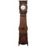 Morez wall clock, late 18th century.Pine wood with marquetry.Measurements: 230 x 47 x 20 cm.Morez