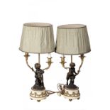 Pair of 19th century lamps.In wood, bronze, gilt bronze and marble base, with fabric shade.