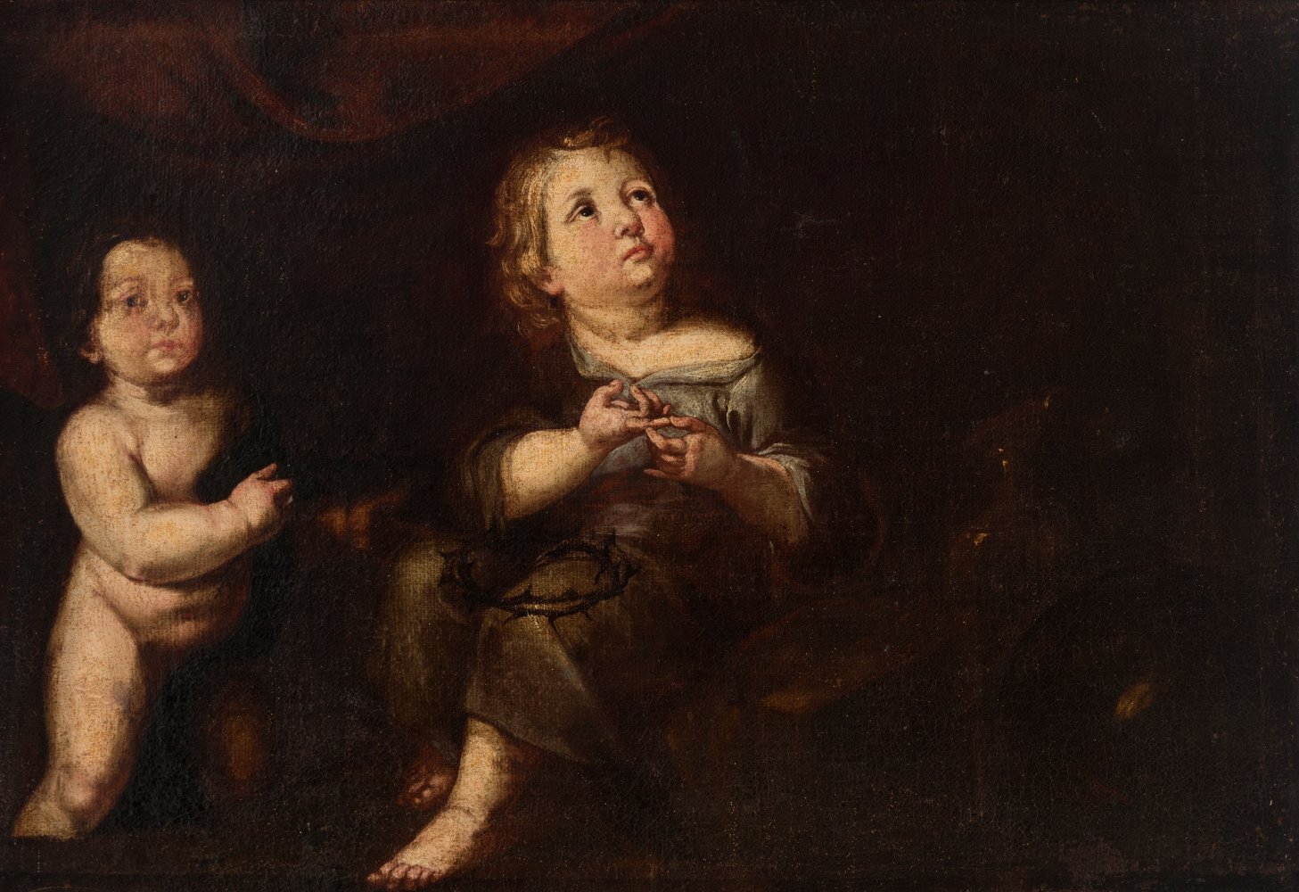 Andalusian school; late 17th century."Niño de la Espina y San Juanito".Oil on canvas.Preserves