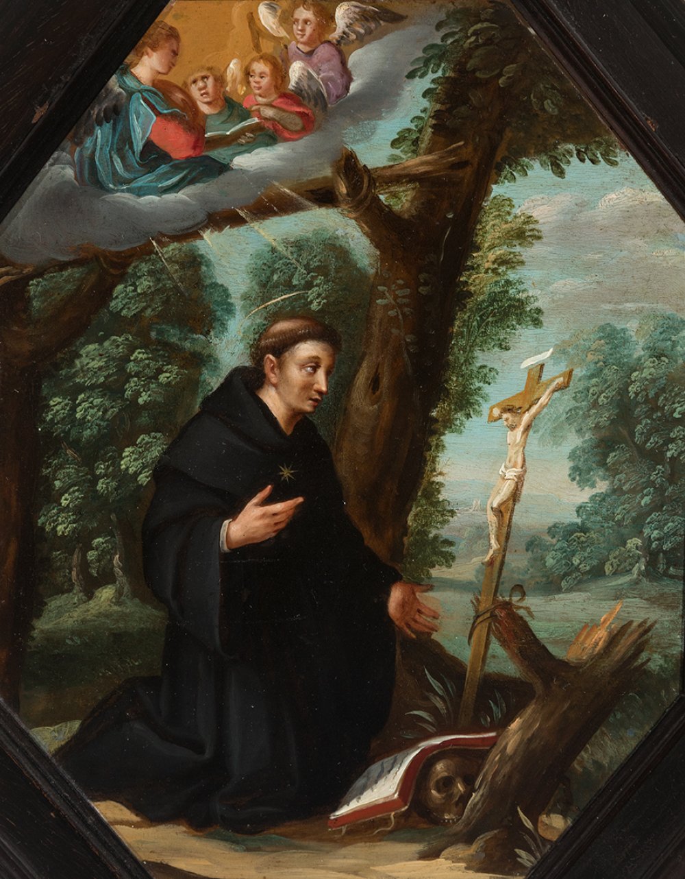 Italian school; 17th century."Saint Nicholas of Tolentino".Oil on copper.Original frame preserved. - Bild 3 aus 3