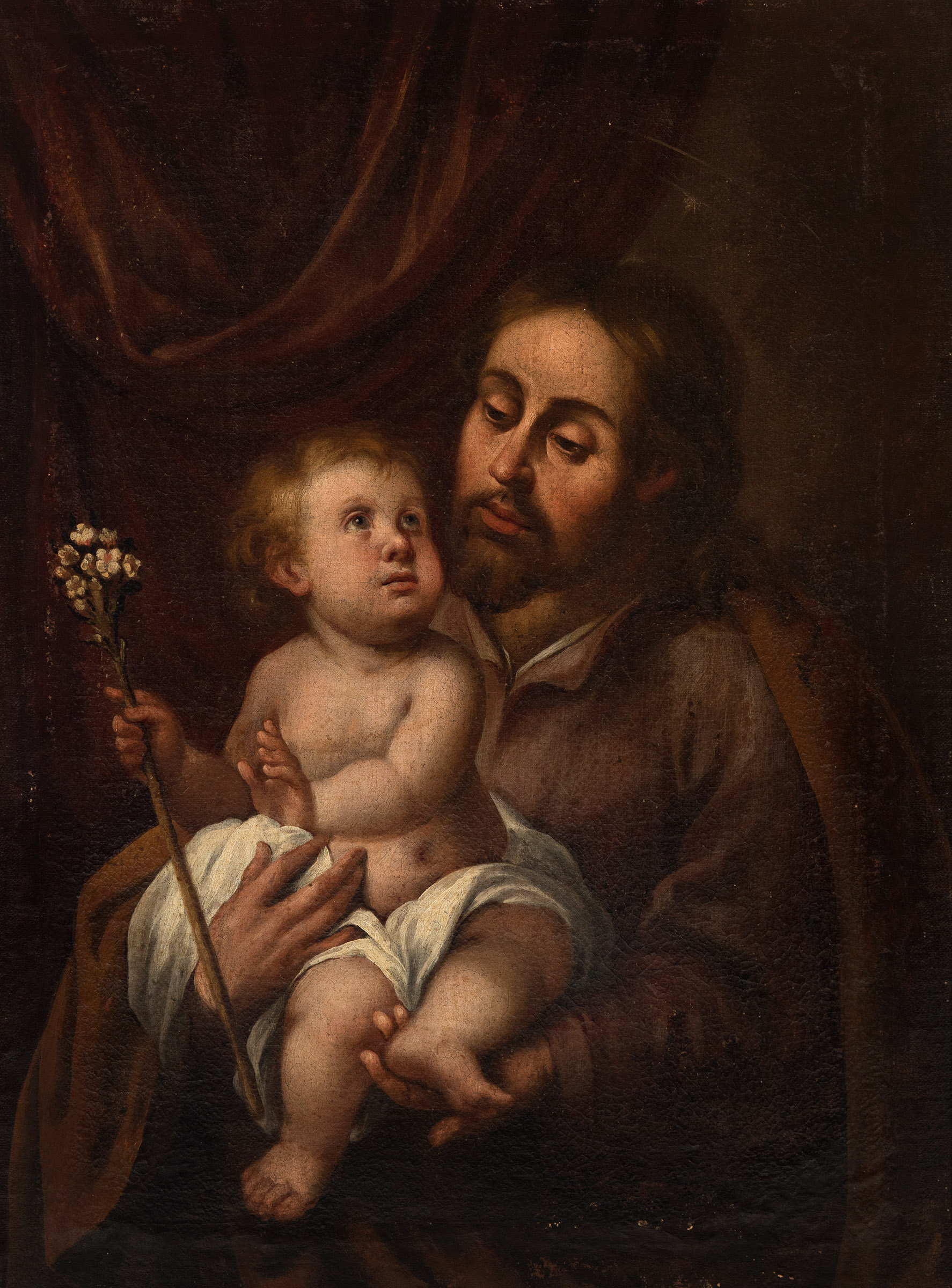 Andalusian school; late 17th century."Saint Joseph with Child".Oil on canvas. Re-framed.It has a
