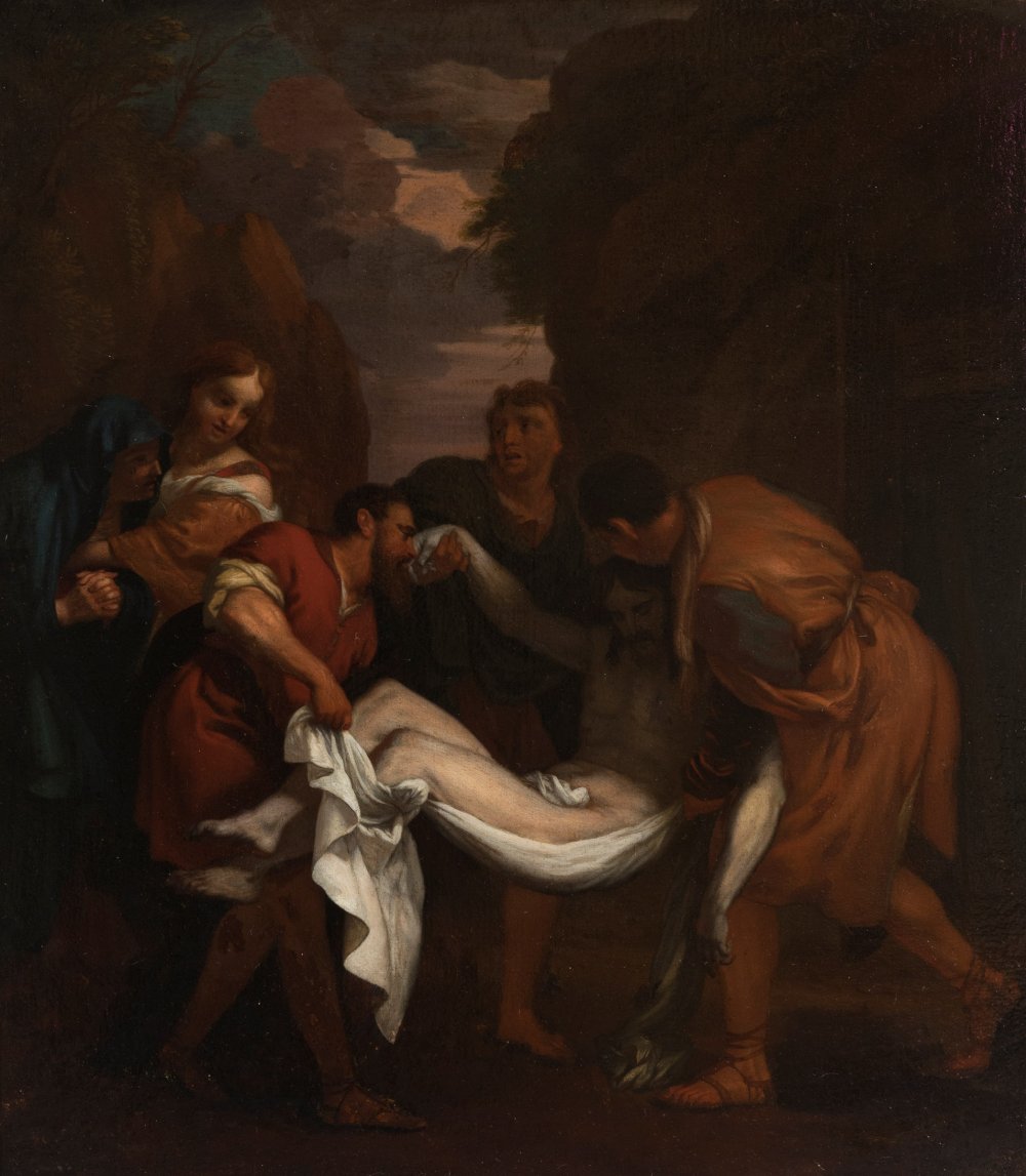 Italian school; circa 1700."Lamentation over the body of the dead Christ".Oil on canvas.It retains