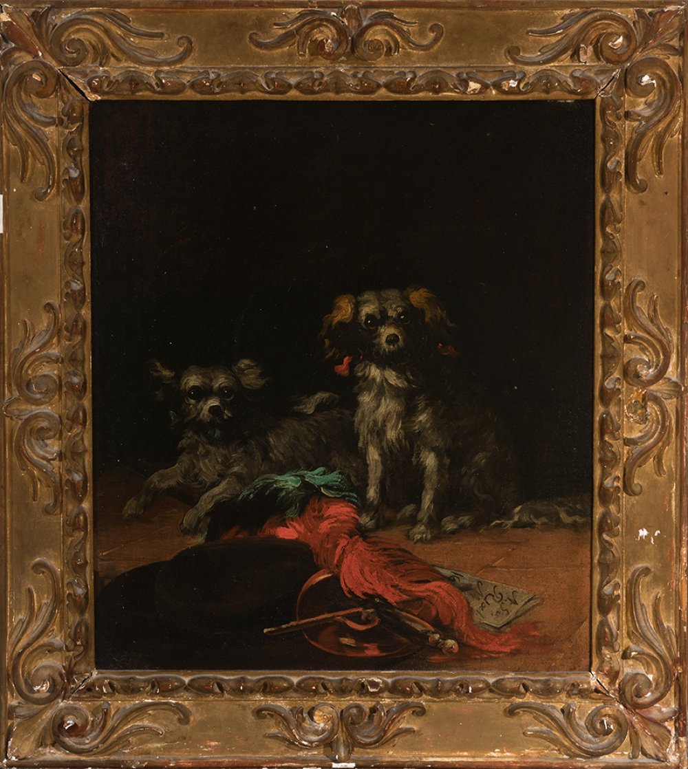 Attributed to EUGENIO LUCAS VELÁZQUEZ (Madrid, 1817 - 1870)."Dogs".Oil on canvas, re-coloured. - Bild 4 aus 4