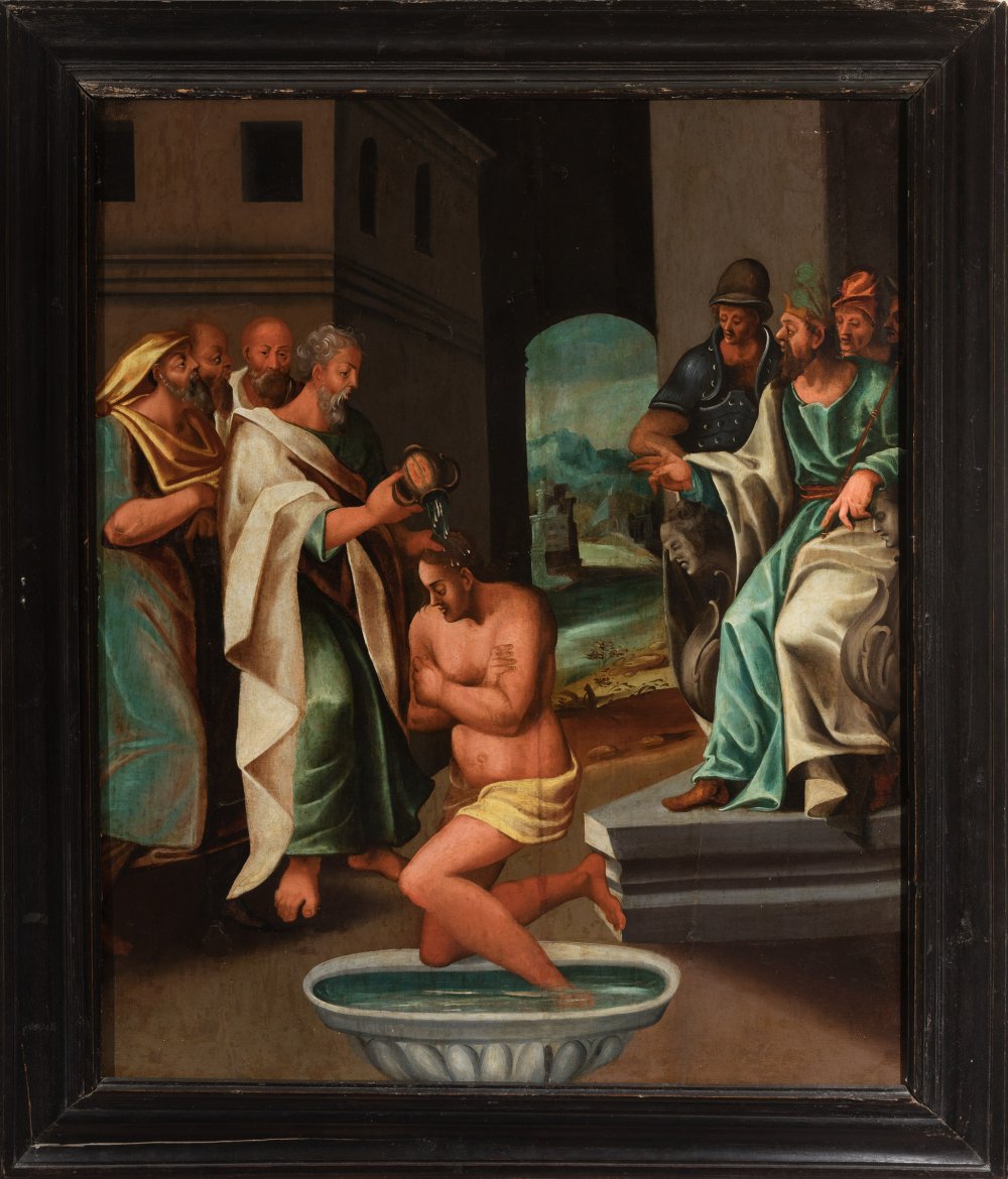 Spanish Renaissance school; second half of the 16th century."Baptism in the Temple".Oil on panel. - Bild 3 aus 4