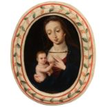 Flemish school; mid-16th century."Virgin of the milk".Oil on copper.Size: 17,5 x 13 cm; 21 x 17,5 cm