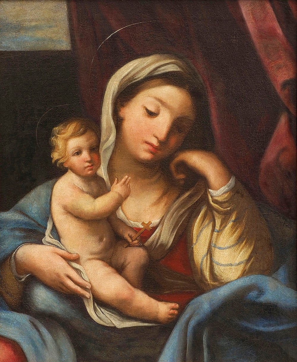 Roman school, 18th century."Madonna and Child".Oil on canvas.Re-tinted.With repainting.The work will