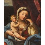 Roman school, 18th century."Madonna and Child".Oil on canvas.Re-tinted.With repainting.The work will