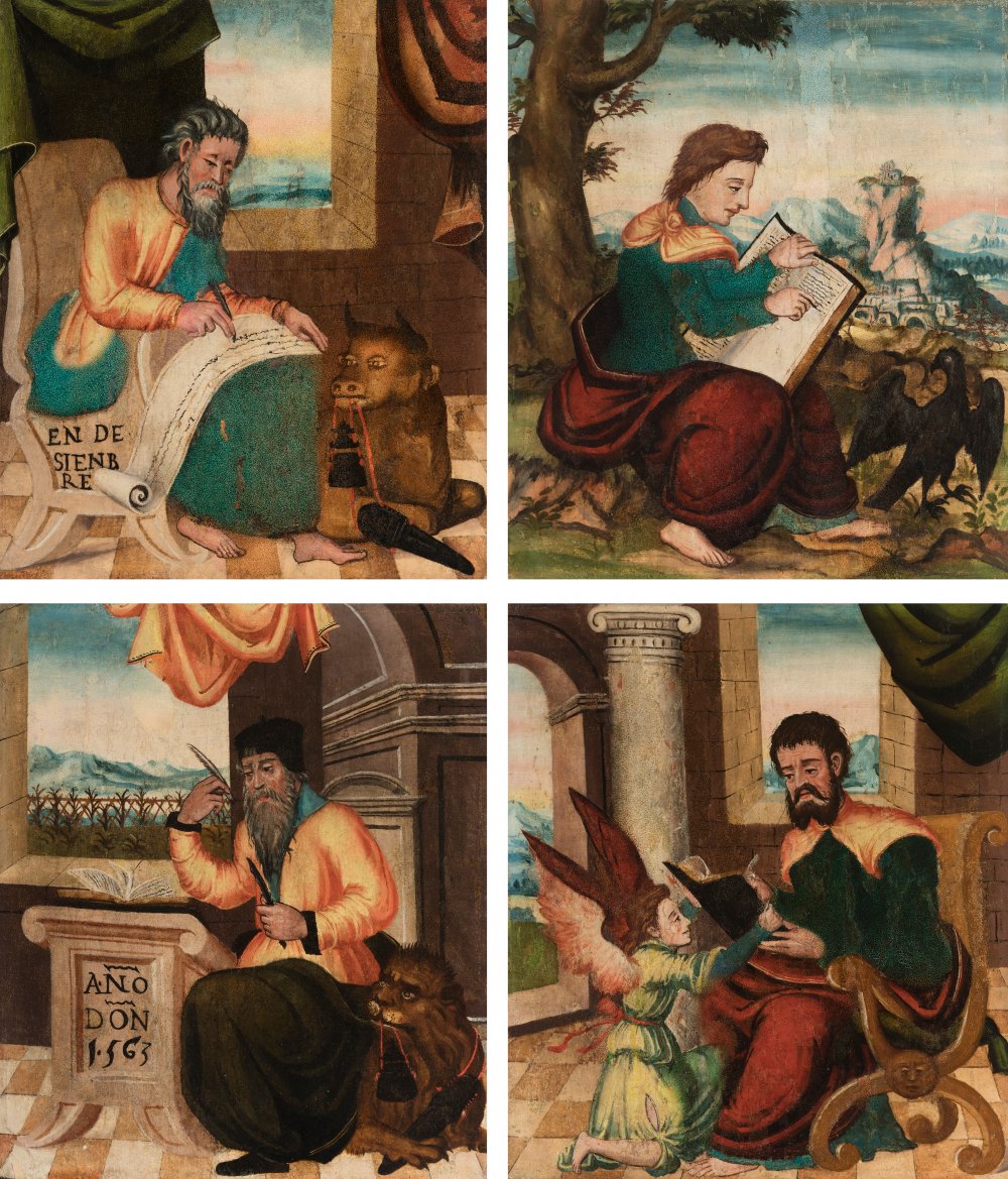 Spanish school, ca. 1556."The Four Evangelists".Oil on panel (x4).It presents faults and