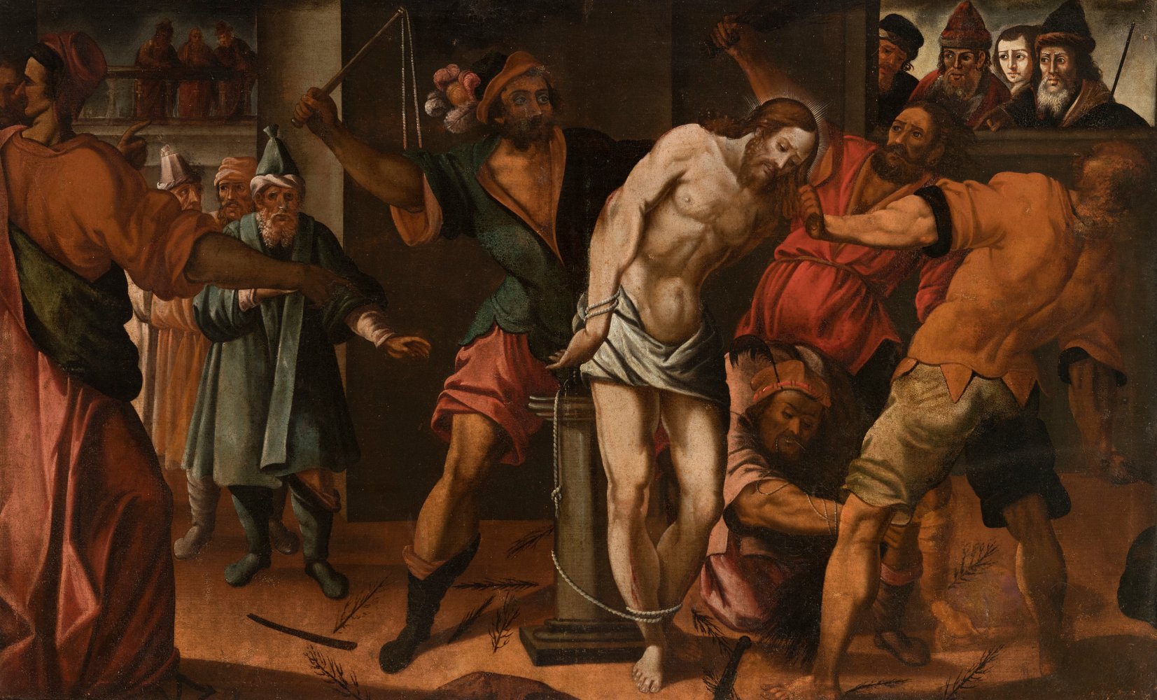 Spanish school, 17th century."The Flagellation of Christ".Oil on canvas.Relined.Period frame and