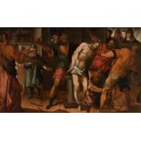 Spanish school, 17th century."The Flagellation of Christ".Oil on canvas.Relined.Period frame and