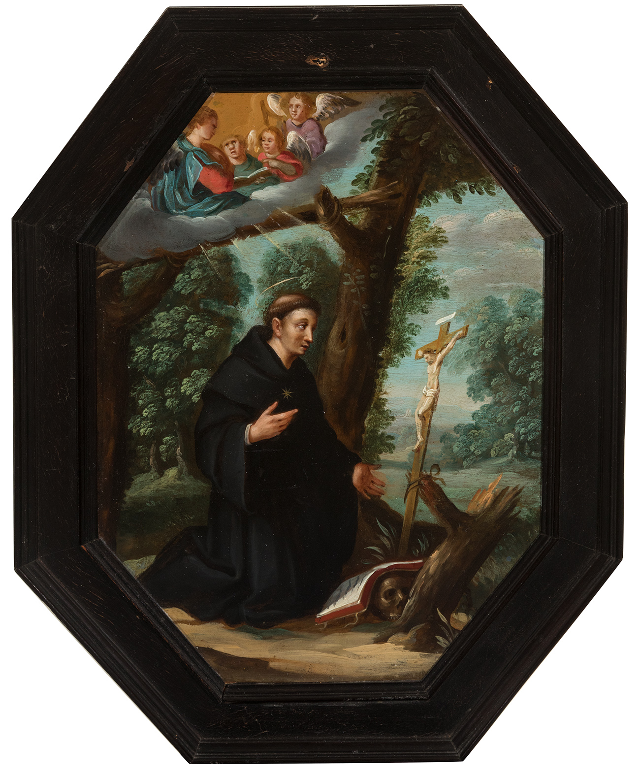 Italian school; 17th century."Saint Nicholas of Tolentino".Oil on copper.Original frame preserved.