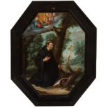 Italian school; 17th century."Saint Nicholas of Tolentino".Oil on copper.Original frame preserved.