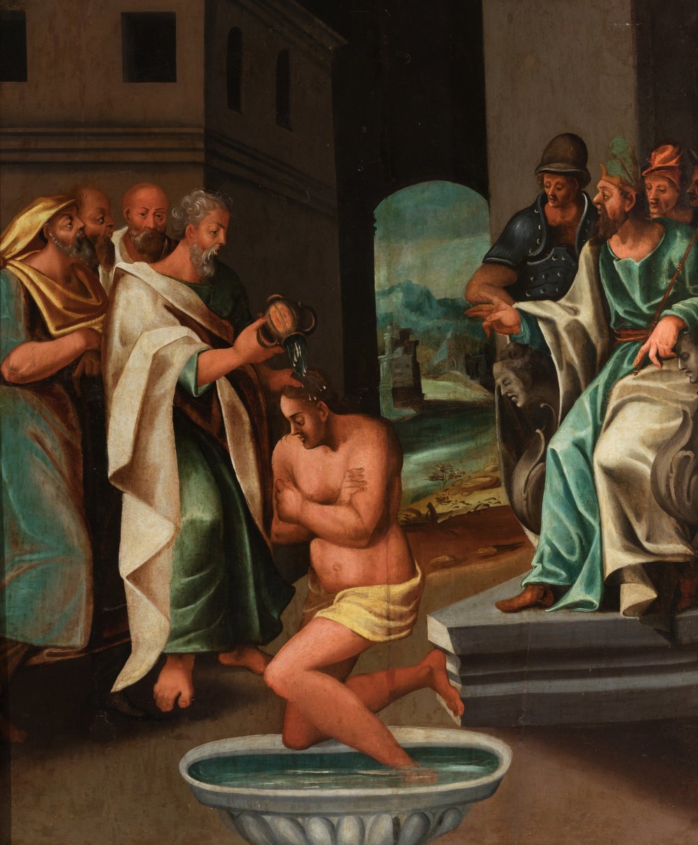 Spanish Renaissance school; second half of the 16th century."Baptism in the Temple".Oil on panel.