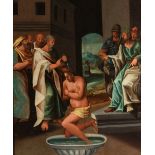 Spanish Renaissance school; second half of the 16th century."Baptism in the Temple".Oil on panel.