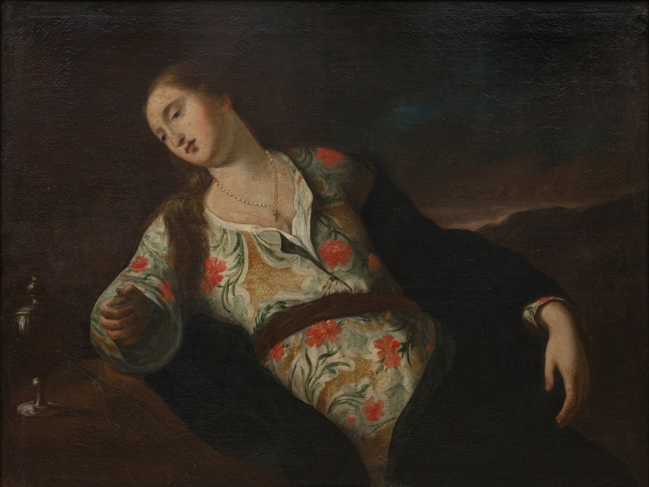 17th century Italian school."Penitent Magdalene".Oil on canvas.Size: 88 x 126 cm; 115 x 150 cm (