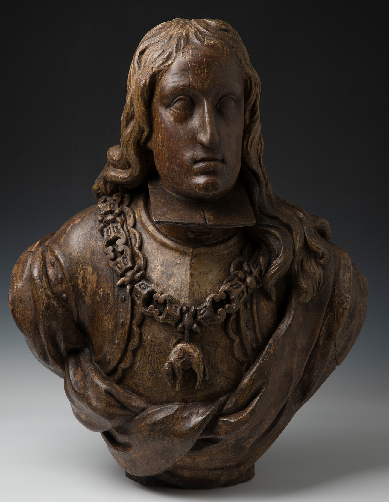 Spanish school; second half of the 17th century."Bust of Charles II of Habsburg.Carved wood.