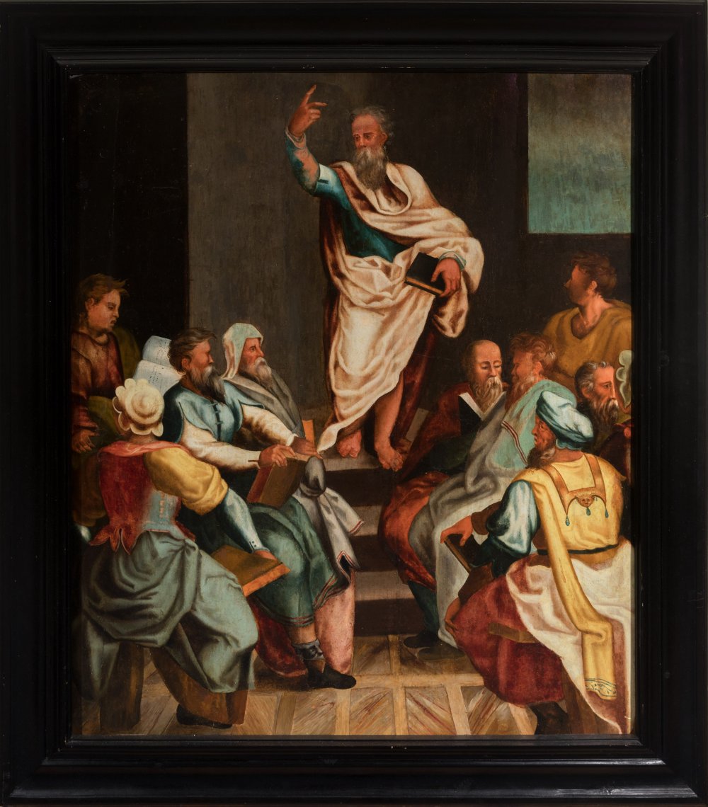 Spanish mannerist school; 16th century."Saint Paul preaching in the synagogue".Oil on panel. - Bild 4 aus 4