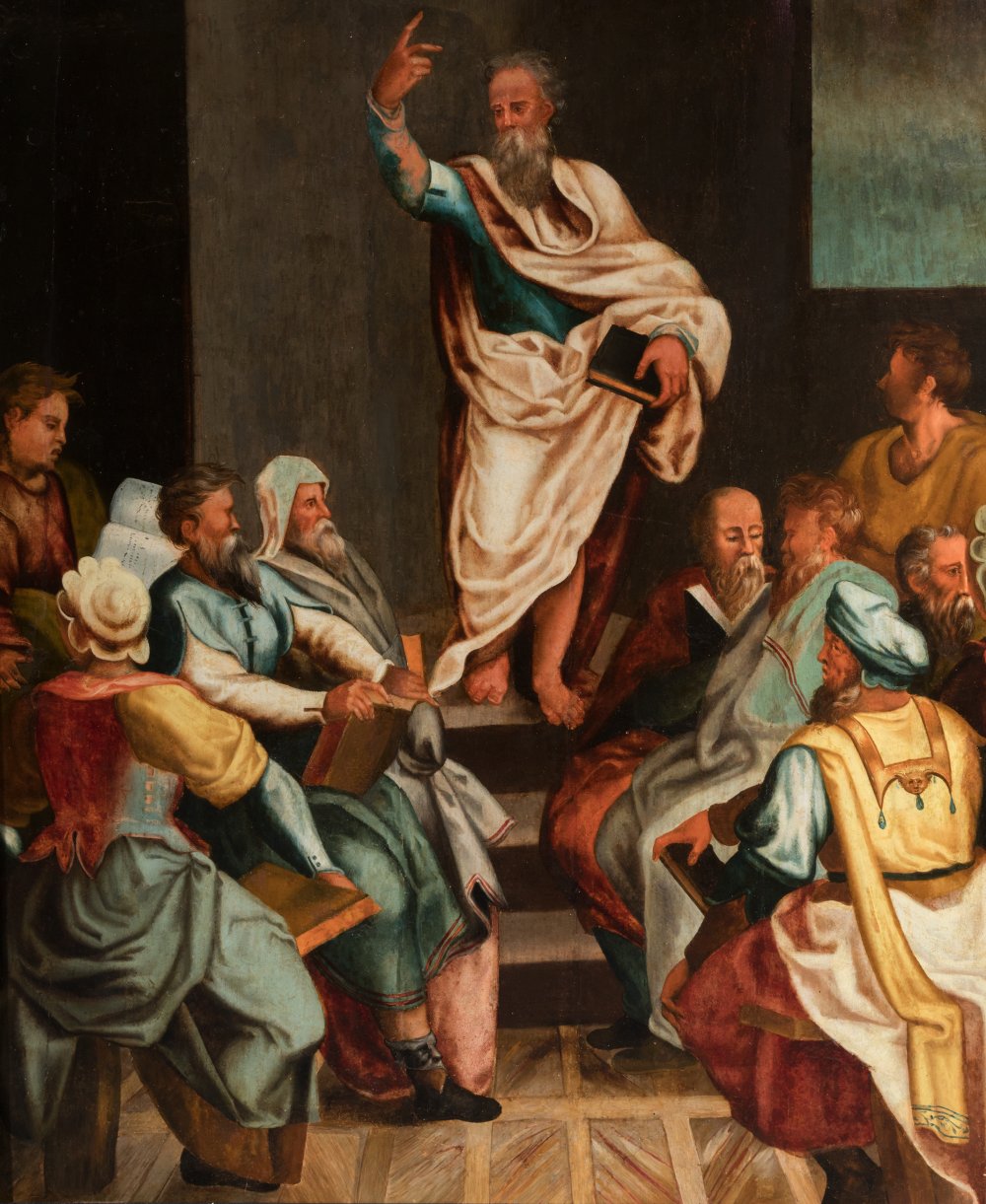 Spanish mannerist school; 16th century."Saint Paul preaching in the synagogue".Oil on panel.