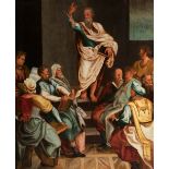 Spanish mannerist school; 16th century."Saint Paul preaching in the synagogue".Oil on panel.