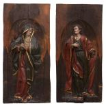 Pair of 17th century reliefs."Virgin Mary" and "Saint John the Evangelist".Carved and polychromed