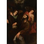 Flemish or Spanish school; circa 1600."Saint Francis comforted by angels".Oil on panel.