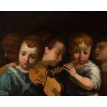 Italian school of ca. 1600."Children musicians".Oil on canvas. Re-coloured.Size: 56 x 79 cm; 71 x 84