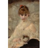 LUIS DE MADRAZO Y KUNTZ (Madrid, 1825 - 1897)."Portrait of a Lady with a Cat.Oil on canvas. Re-