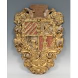 Coat of arms; Spain, second half of the 17th century.Carved and polychromed wood.It shows damage