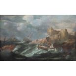 Flemish school, 19th century."Ships in a Storm".Oil on canvas.Size: 96 x 150 cm; 107 x 162 cm (