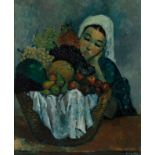 PERE PRUNA OCERANS (Barcelona, 1904 - 1977)."Woman with a Basket of Fruit", 1959.Oil on canvas.