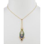 Modernist style pendant in 18kt yellow gold and polychrome enamel. Naturalist-inspired model,
