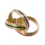 HERMÈSTriple ring in 18kt yellow gold with three-color enamel (blue, magenta and green). Three rings