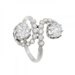 "You and Me" ring in platinum with French contrasts. Frontis with two diamonds, old brilliant cut,