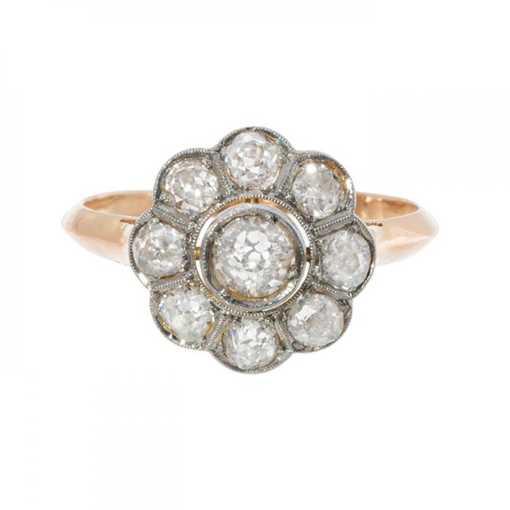 Floral rosette ring in 18k yellow gold and platinum settings. With central diamond weighing ca. 0.50 - Image 3 of 3
