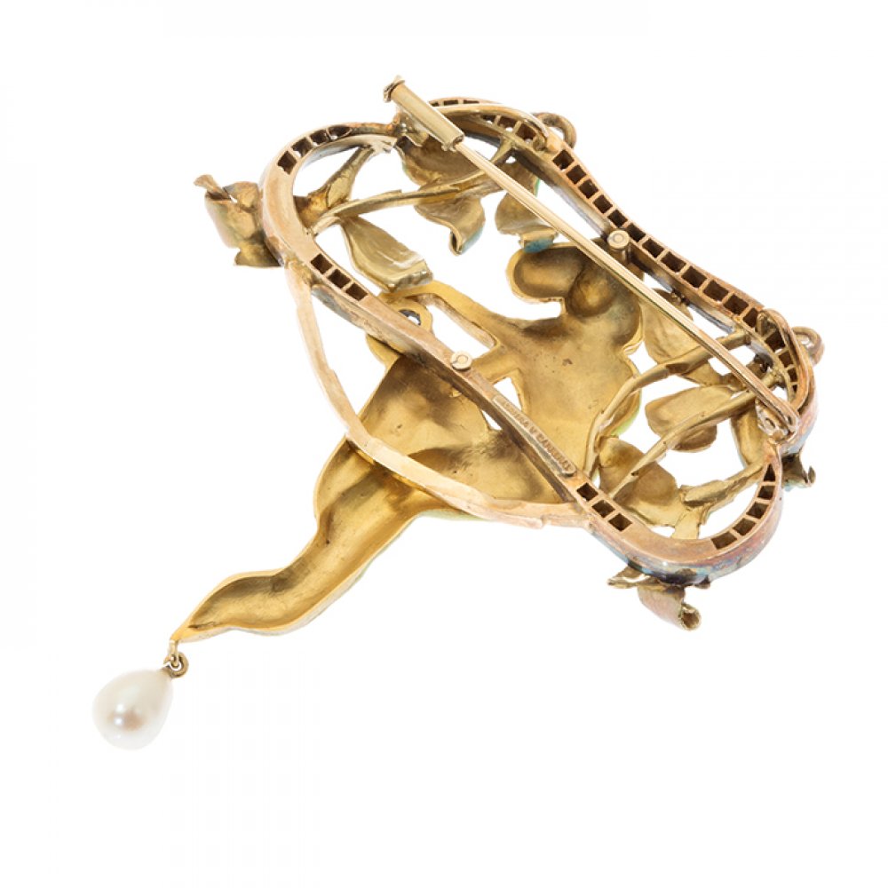 MASRIERA AND CARRERAS.Pendant brooch in 18kt yellow gold. With fire enamel, diamonds, pearl and - Image 3 of 5