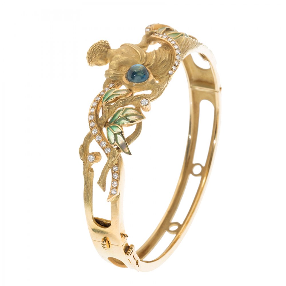 MASRIERA AND RACES.Rigid bracelet in 18kt yellow gold. With fire enamel, diamonds and cabochon - Image 3 of 7