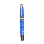 AURORA "MARE" FOUNTAIN PEN, 2001.Blue and black auroloid resin barrel and gold plated appointments.