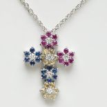 Cross with chain in 18k white gold. With rosettes of sapphires, round cut, in yellow, pink and blue,
