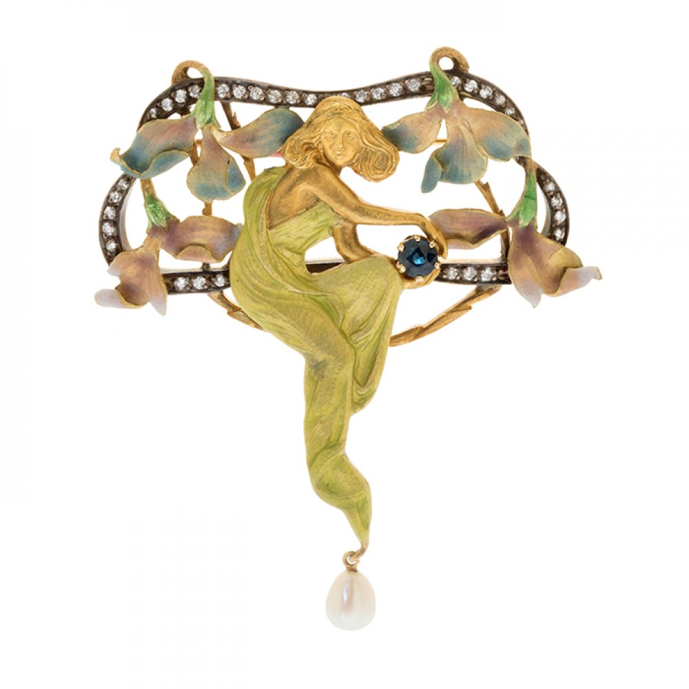 MASRIERA AND CARRERAS.Pendant brooch in 18kt yellow gold. With fire enamel, diamonds, pearl and