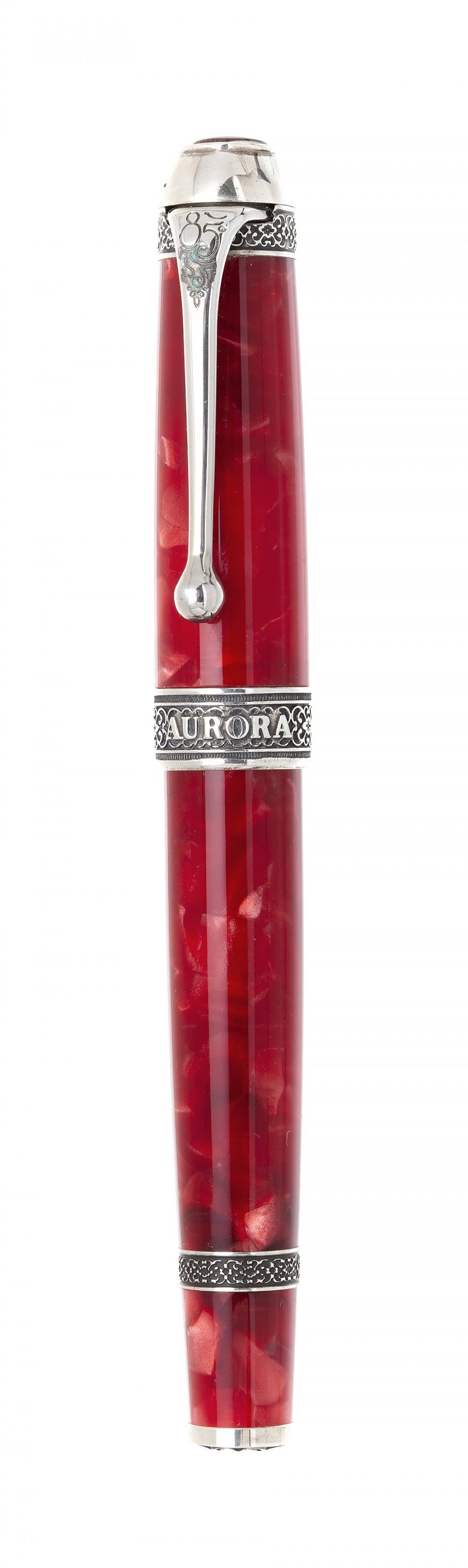 AURORA "85TH ANNIVERSARY" FOUNTAIN PEN.Marbled red resin barrel and silver details.Limited