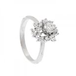 Ring in 18kt white gold. Rosette model with central diamond, brilliant cut, colour H, purity VS