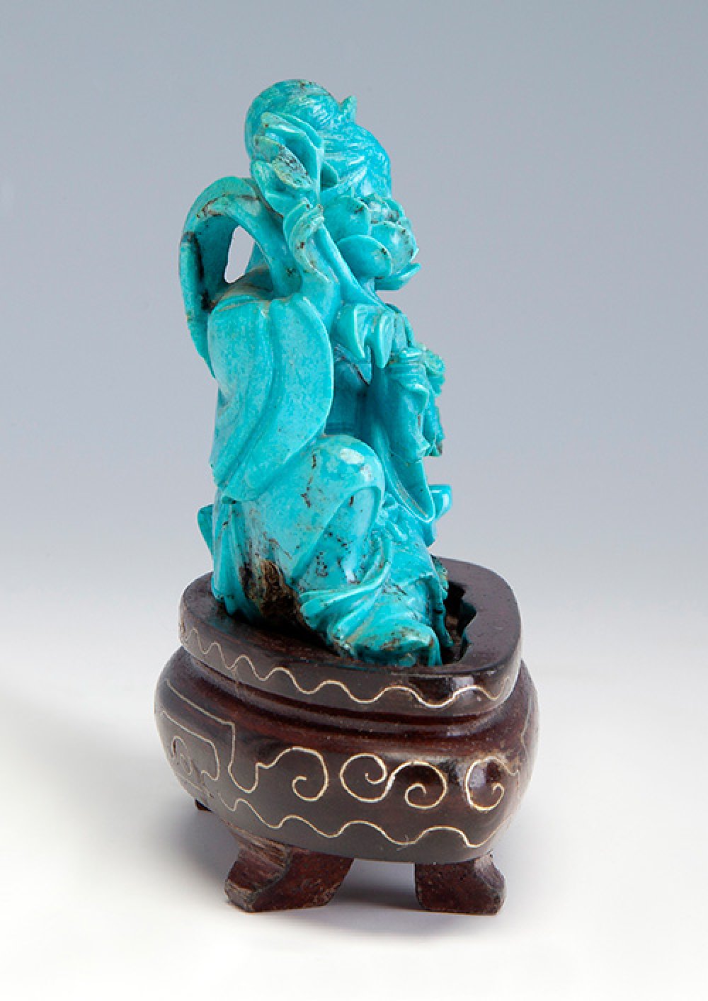 Chinese school of the 20th century."Figure of a fairy".Turquoise carving on wooden base. - Image 2 of 4